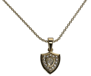 14K yellow gold Aggie Shield™ diamond pendant necklace featuring a custom cut shield diamond and round melee diamonds.